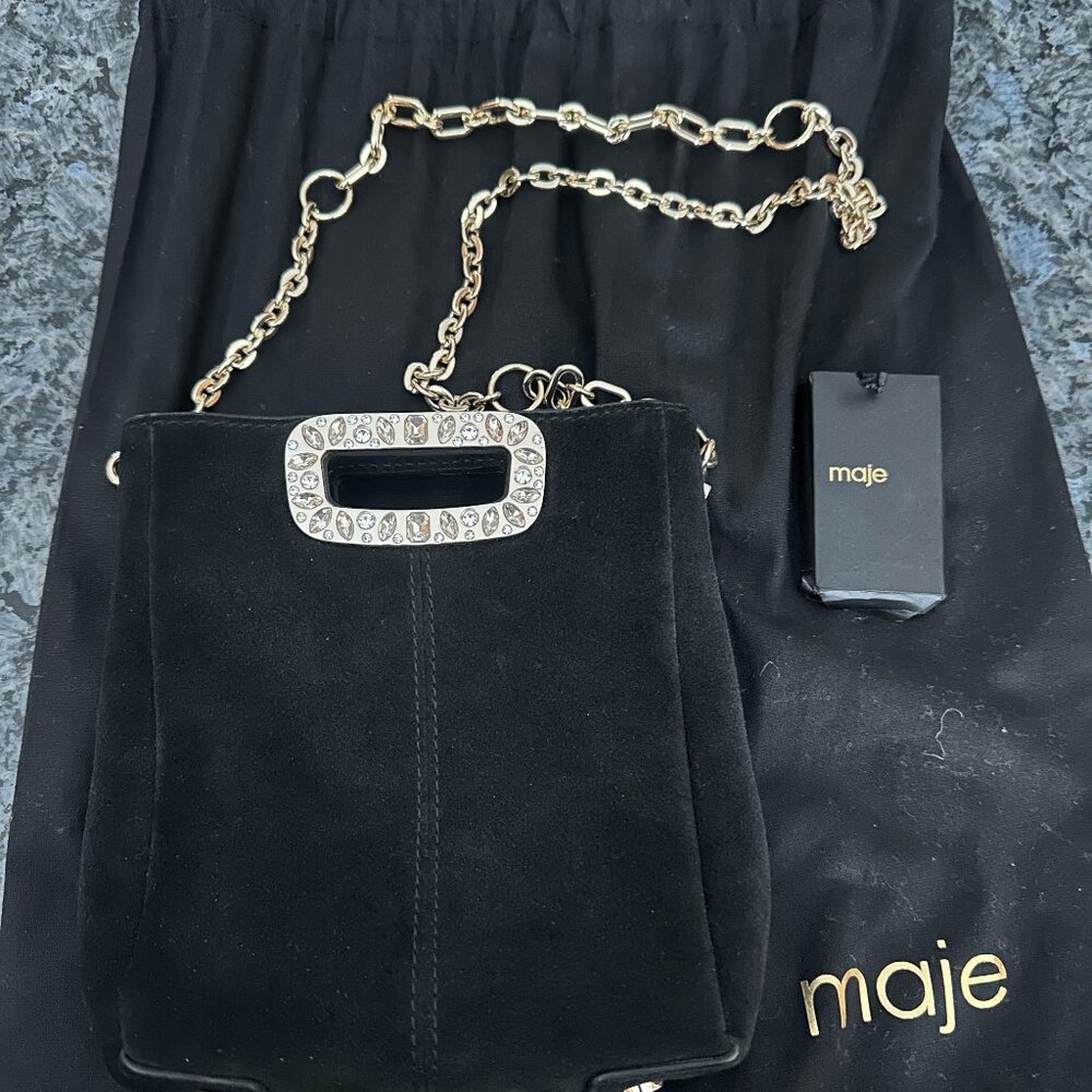 Maje Black Suede Evening Handbag with Rhinestones